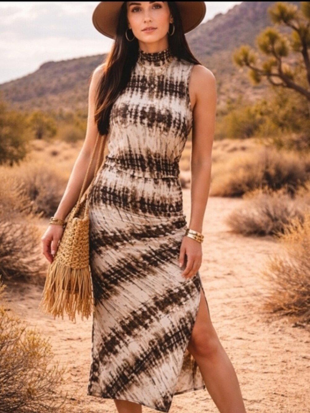 Tart Brown Sleeveless Bodycon ‘Arden’ Shibori Stripe Dress long midi  NWT Sz S
